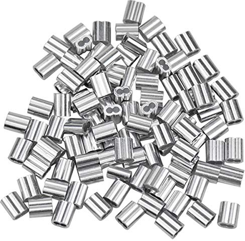 Hontaog 100 Pcs Aluminum Wire Rope Crimping Sleeves, 2mm Crimping Loop Sleeve with Double Ferrules, Wear Resistant Wire Clamp Fittings, Cable Crimps Sleeves Clip for Secure Cable Connections (Silver)