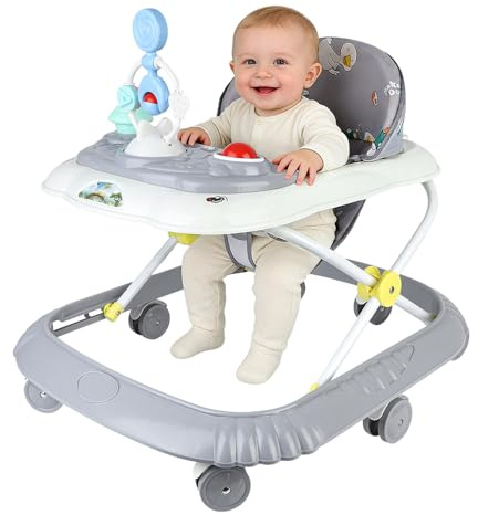 Girello 4 in 1, girello pieghevole per bambini con vassoio di gioco interattivo con suoni, base anti-ribaltamento, deambulatore ruote in silicone e 4 posizioni di altezza, da 6 a 18 mesi (grigio-67 x