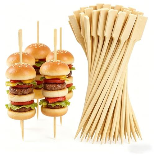 Bamboo Paddle Skewers 12cm, 100 Pack Wooden Skewers for Kebabs, BBQ Barbecue Skewers, Burger Sticks, Cocktail Picks and Food Sticks for Appetizers, Buffet and Grill Party