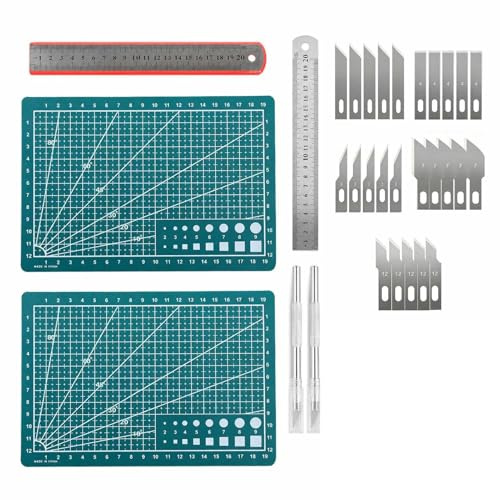 2PCS A4 Self Healing Cutting Mat Set with 2 Metal Craft Tools, Assorted Craft Accessories and 2 Steel Rulers, Double Sided Green Craft Mat for Sewing Quilting Scrapbooking and DIY Art Work
