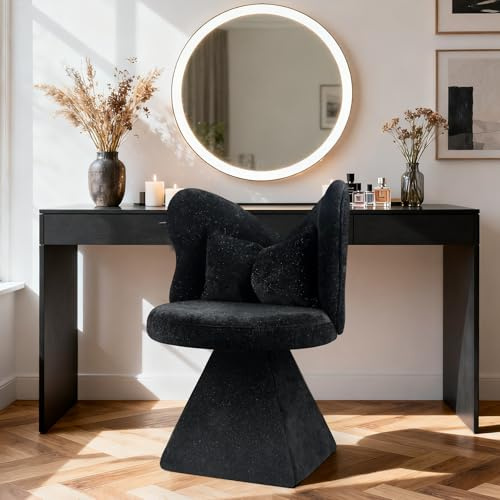 Silla de tocador con respaldo de mariposa, silla tapizada giratoria, giratoria 360°, silla tapizada, sin reposabrazos, silla de cosmética, color negro, sillas de comedor para salón, estudio (negro)