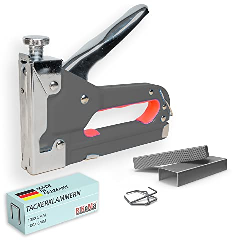 RIKAMA®– professioneller Handtacker inklusive Tackerklammern für Holz, Stoff, Möbel und Polster – Tackerpistolen Set mit 200 Heftklammern Tacker für den privaten und gewerblichen Gebrauch