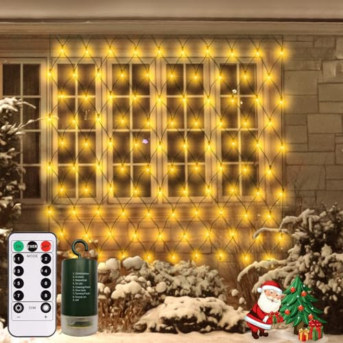 1.5m x 1.5m Garden Net Lights Outdoor Warm White, Waterproof Battery Operated with Remote, 8 Modes, Timer, Dimmable, 100 LED Curtain Mesh Fairy Lights String for Indoor Party Wedding Deck Decor