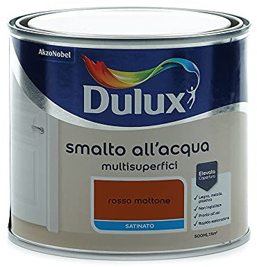 Dulux Smalto Satinato all'Acqua per Metallo Plastica e Legno Pronto all'Uso per Esterni e Interni, 0.5 Litri, Rosso Mattone