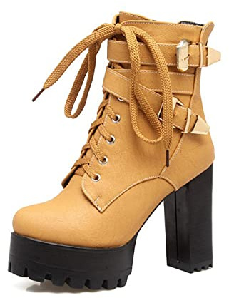 QZPM Mode Femmes Bottes Courtes Bout Rond Épais À Plateforme Lacets Bottines Talons Hauts