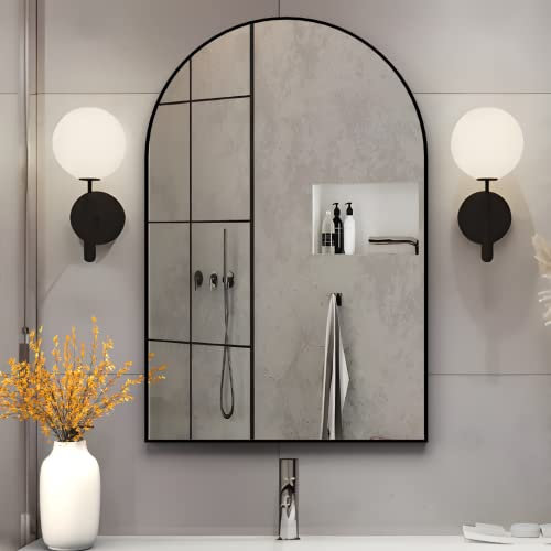 NEUWEABY Specchio da parete ad arco per bagno, specchio da bagno ad arco da 50 x 75 cm con cornice in metallo, specchio nero per mantello, camera da letto, ingresso, soggiorno