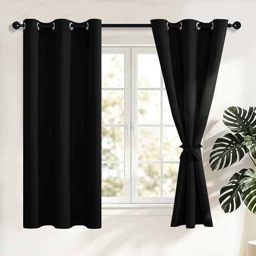 Hiasan mörkläggningsgardiner, 160 x 106 cm (H x B), svart | Ogenomskinliga gardiner med öljetter, termisk gardin öljettskynke, mjuka skjutgardiner, för sovrum och vardagsrum, set om 2