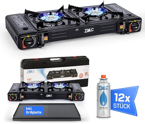 Z.M.C ZMC - Fornello a gas da campeggio, a 2 luci, con adattatore per connettore LPG + piastra 45 x 24 cm + 12 cartucce di gas da 227 g, fornello da campeggio con accensione piezoelettrica
