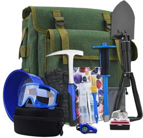 15 PCS Geology Rock Pick Hammer Kit, 22oz Hammer & Digging Chisels for Rock Hounding, Gold Mining & Prospecting Equipment Tool Shovel,Backpack,Magnifying Glass, Goggles,Whistle，Soil sieve (VO4)