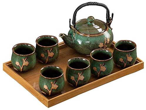 KEYDUACU Japanese Tea Set, Kiln-Formed Ceramic Tea Set, Plum Blossom Embossed, Includes 1 Teapot, 6 Teacups,Tea Tray,Strainer, Used for home, outdoor, gift, Chinese Kung Fu Tea Set(FDMH-GREEN)