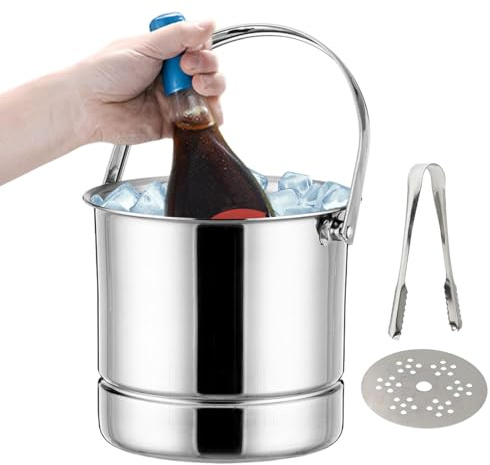 Cubitera de hielo de vino champán, de acero inoxidable con asa, cubo de hielo de doble pared de 1 litro con colador de tapa hermética y pinzas, mantiene el hielo congelado durante más tiempo, para bar