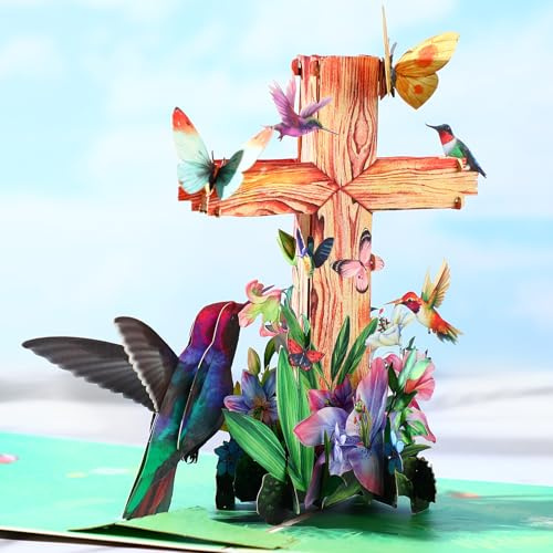 Teling Cross Pop up Card Religious Mother's Day Christian Sympathy Card with Envelope Hummingbirds, Flower, and Butterflies Greeting Design 8 ''x 6'' Baptism Confirmations Holiday Keepsake