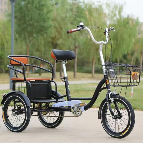 16-Zoll-Dreirad Für Erwachsene, 3-Rad-Tandemfahrrad Mit Einkaufskörben, 1-Gang-Dreirad Mit Doppelscheibenbremse, Dreirädriges Lastenfahrrad Für Senioren, Cruiser-Fahrrad Für Picknicks (Schwarz)
