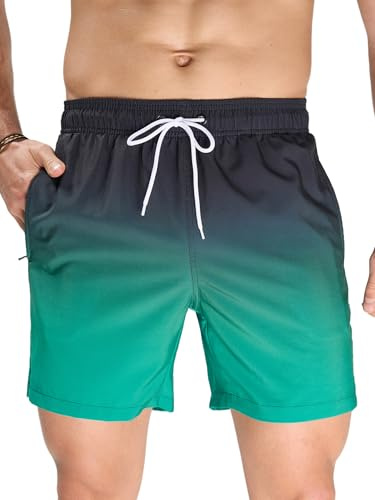 Arcweg Badbyxor för män, snabbtorkande badshorts, korta boardshorts, strandshorts, sportbyxor med nätfoder, S–XXL, Svart + grön färggradient, L