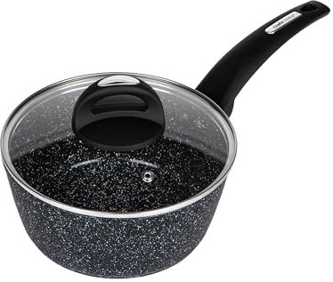18cm Forged Non-Stick Saucepan with Glass Lid - Speckled Marble Effect, PFAO/PFAS-Free, Induction Compatible, Dishwasher Safe