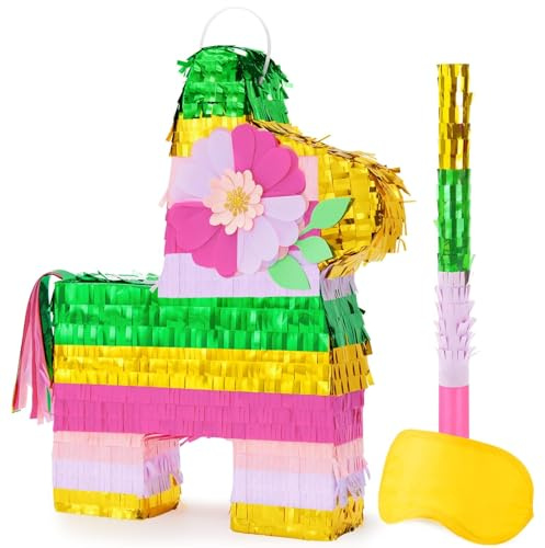 WERNNSAI Rainbow Donkey Pinata Cinco De Mayo Pinata with Blindfold and Bat | Farm Themed Birthday Fiesta Party Decoration Mexican Party Carnival Supplies Luau Celebration