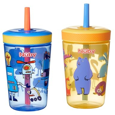 Nuby Sip It Swirler Cup with 360° Straw, 2-Pack, 420ml, 18M+, Boy | Drink from Any Angle Toddler Sippy Cup with Rotating Straw, Leak Proof Training Cup for Easy Transition