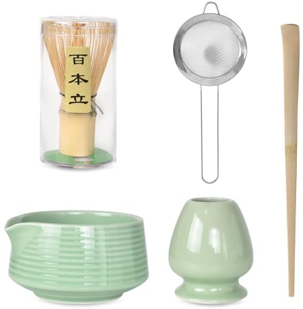 Marjoramy 5-Piece Matcha Set, Japanese Tea Ceremony Set, Ceramic Matcha Bowl with Spout, Bamboo Whisk, Bamboo Scoop, Handcrafted Whisk Holder, Traditional Tea Making Tools for Perfect Foam (A)