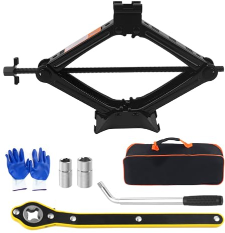 Gato de tijera 2T para kit de herramientas de automóvil, kit de cambio de neumáticos de automóvil resistente para elevación automotriz con llave de trinquete y llave de lengüeta, kits de gato de