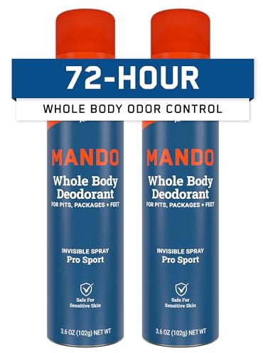 Mando Whole Body Deodorant For Men - Invisible Spray Deodorant - 72 Hour Odor Control - Low Irritation Formula - Aluminum Free, Benzene Free - 2 pack of 3.6 ounce Cans - Pro Sport