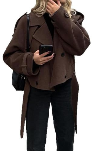 FYHTC Kurzer Wollmantel für Damen, Zweireihiger Cabanmantel mit Gürtel, Kurzer Trenchcoat mit Revers und Taschen(Medium)