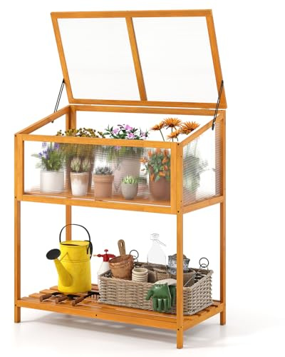 COSTWAY Mini Serra in Legno con Tetto Trasparente Apribile e Mensola a Doghe, Mini Serra Salvaspazio da Interno ed Esterno per Giardino, Veranda e Balcone, 90 x 50,5 x 105 cm