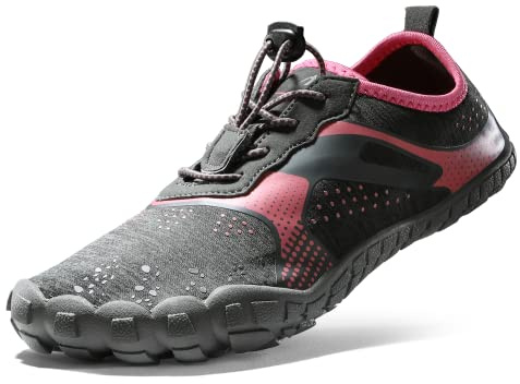 NORTIV 8 Women's Quick Dry Water Shoes Barefoot Sports Aqua Beach Pool Swim Shoes TREKLADY, Size 8.5,Grey/Watermelon/Red,TREKLADY-1