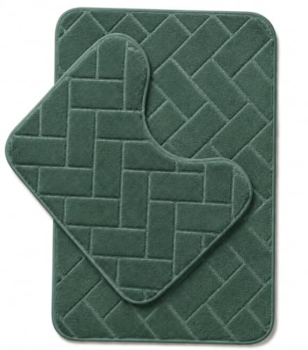 HOMES-LINEN Block Bricks Bath Mat Non Slip Pedestal Set Extra Absorbent 100% Memory Foam Bathroom Toilet Mat Rug (Green)