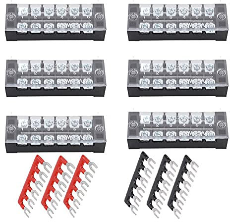 Ruidee 6 Set Morsettiera Distribuzione Elettrici Morsettiera a Striscia 600V 25A Strisce Pin Terminali a Vite a Doppia Fila+ Terminali Preisolati 400V 25A Barriere Ponticelli (TB2506)