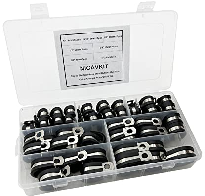 NICAVKIT 66 Stk Kabelklemme Gummi P Clips Schlauchschellen Rohrschellen Kabelklemmen Edelstahl Kit 7 Größen 6/8/10/13/16/19/25mm Kabelklemme,Metalldraht Kabelklemme Kit