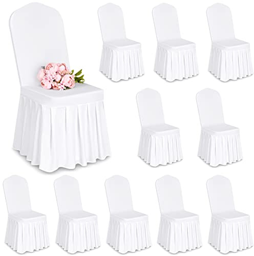 Showgeous 10 st Stolöverdrag Vit polyester Spandex Lycra Stretch stolsöverdrag med kjol, matsal bröllopsstolsöverdrag Universal tvättbara skyddande stolsöverdrag
