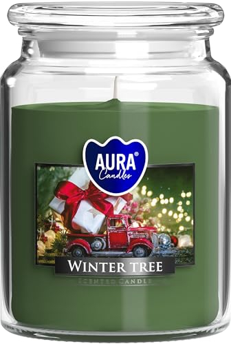 BISPOL MARBI große Duftkerze im Glas mit Deckel, 100h brenndauer, Durchmesser 9,9 cm und Höhe 14 cm, Duft: Weihnachtsbaum