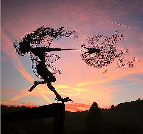 SUNNEE Garden Fairy Silhouette,Fairy Holding Dandelions Stake Metal Art Elf Silhouette Ornament Sculpture for Outdoor Garden Lawn Yard,Faries and Dandelions Decor(Waving Fairy)