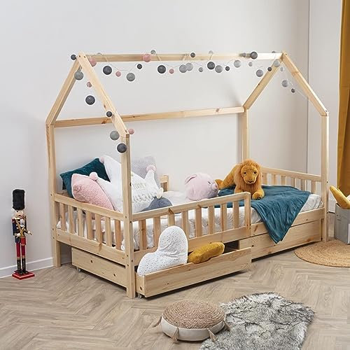 WEB2O Lit cabane pour Enfant en Bois Naturel 90x190 cm avec 2 tiroirs (Lit 2 tiroirs + Matelas)