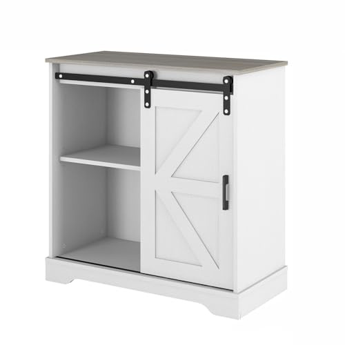 Panana Sliding Barn Door Buffet Sideboard Storage Cabinet Home Bar Kitchen Farmhouse Style (Natural Top + White Body)