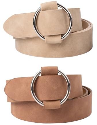 besbomig 2 Piezas Cinturones de Piel para Mujer Cinturón Ajustable para Señora Moda Hebilla de Plata Señoras Cintura Cinturón para Vestido Vaqueros Pantalones Cortos