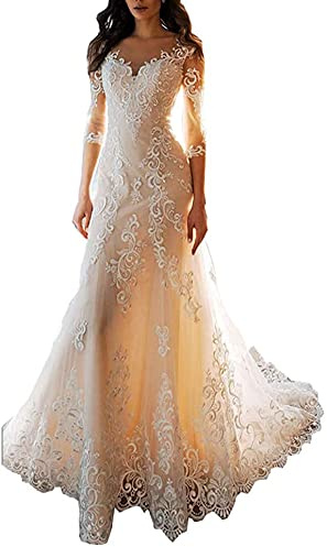 WZEFEIO Dentelle Manches Longues Robe de Mode Nuptiale Robe de Mariée de Plage, Ivoire, 46