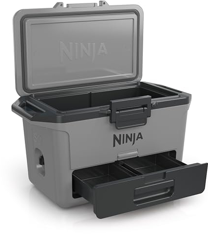 Ninja FrostVault Hard Cooler 47L, Premium Insulated Cool Box, Holds Ice Up to 6 Days, Built-in Dry Storage Drawer with Fridge Temperature, Fits 80 Cans, Slate Grey FB151EUGY