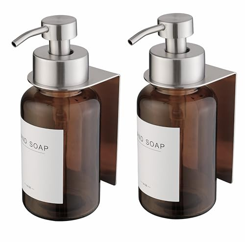 400ml Glas Seifenspender mit Wandhalterung Selbstklebend Edelstahl Pumpspender für Flüssigseife ohne Bohren (Braunglas/Silber X2)
