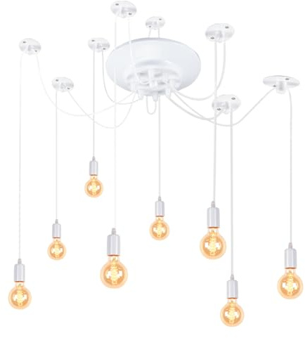 iDEGU Modern och retro taklampa, 8 armar, hänglamp Spider DIY kreativ, justerbar från 150 cm, vintage taklampa med E27-fäste, vit (8 ljus)