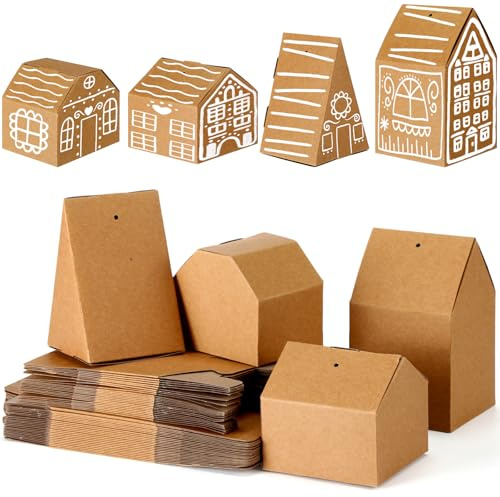 Sabary 100 Pack Christmas Gingerbread House Crafts Kits Cardboard House Shaped Boxes Make a Gingerbread Cardboard Building Bulk for Christmas Family DIY Decorations Holiday, 4 Styles(Brown)
