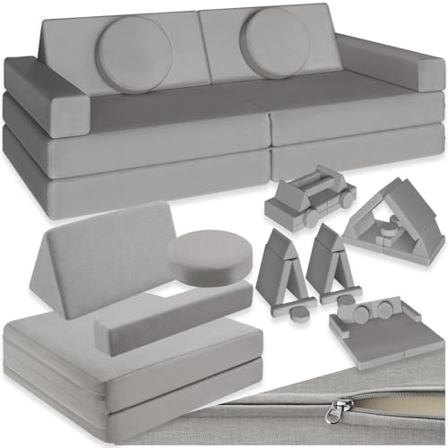 tectake® Divano Modulare da Gioco 8 Pezzi, Divanetto per Bambini con Imbottitura in Gommapiuma, Tessuto di Lino, Coperture Rimovibili, Funzione Letto, Impilabile, 120 cm - Grigio