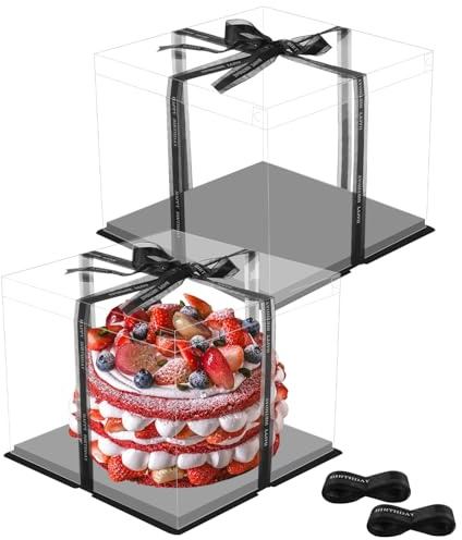 2 cajas de regalo transparentes para tartas, 30 x 30 x 25 cm, caja de cartón transparente para tartas, caja de transporte, caja de regalo, transparente, con base y cinta para cumpleaños, color negro