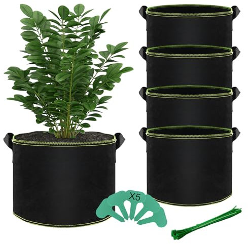 BLIENKREBY Sacchi per Piante 12 L, 5 Pezzi Sacchetti in Tessuto non Tessuto, Vasi per Piante da Esterno con Cartellini per Etichettare Con Manici, per Pomodori, Fragole, Patate, Carote