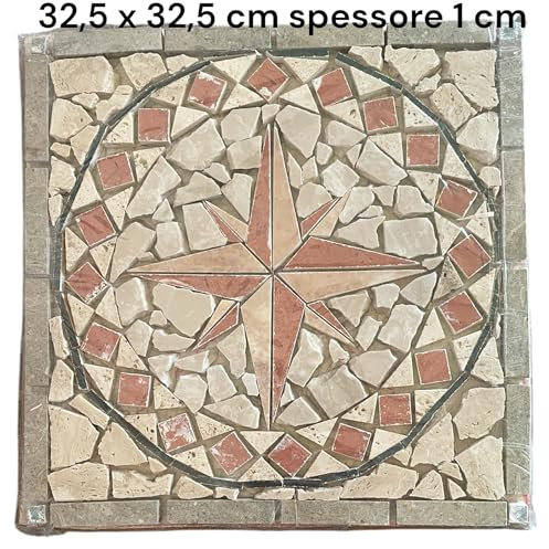 Rosone in Marmo e Travertino, Mosaico Decorativo, 32,5 x 32,5 cm, Spessore 1 cm fatto a mano per interni e esterni