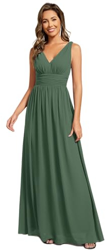 Ever-Pretty Vestito da Cerimonia Donna Linea ad A Stile Impero Chiffon Scollo a V Senza Maniche Abito da Damigella Chic Verde eucalipto 44