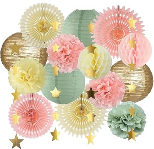 CUVZORA Juego de decoración de fiesta de color verde salvia, 15 unidades de farolillos de papel, pompones, flores de papel, combinación de colores única, perfecto para decoración de cumpleaños