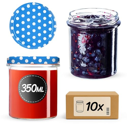KADAX Barattoli per marmellata da 350 ml con tappo a vite fi82 mm, piccoli barattoli per conserve con coperchio, vasetti per marmellata e miele (blu a pois, 10 pezzi)