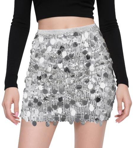 AOOSU Silver Sparkle Skirt, Stretchy Bodycon Sequin Mini Skirt for Women, Wrapped Glitter Dress for Women Concert Outfit Summer Dance Street Club Party Night Out Party