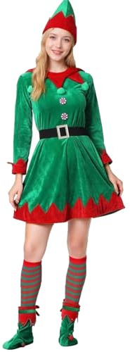 Bkazwe Costume Lutin de Noël Adulte Déguisement Noel Femme 5 pièces,Déguisement de Noël Elfe,Robe en velours + Chaussures + Chapeau + Ceinture + Chaussettes, Christmas Costume Fêtes Cosplay